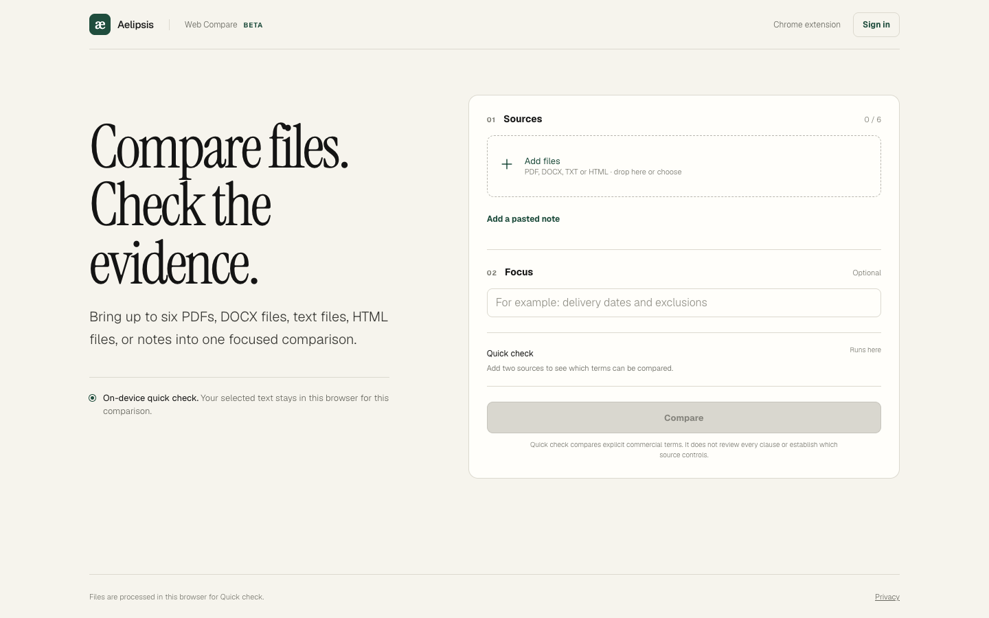 Aelipsis Web Compare beta with file selection, comparison focus, and on-device Quick check